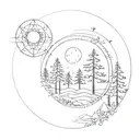 A unique circle with two simple pine trees, one slightly taller than the other, and a geometric sun with triangles  tattoo design idea