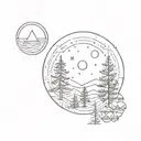 A unique circle with two simple pine trees, one slightly taller than the other, and a geometric sun with triangles  tattoo design idea