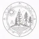 A unique circle with two simple pine trees, one slightly taller than the other, and a geometric sun with triangles  tattoo design idea
