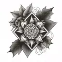 Geometric shapes with mandela designs and ivy leaves tattoo design idea