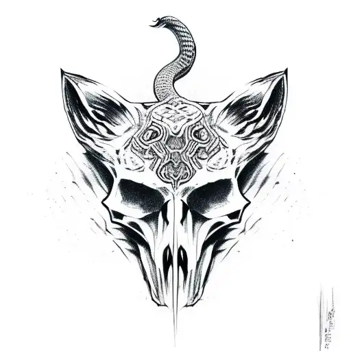 fox skull with snake  tattoo design idea