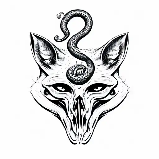 fox skull with snake peeking through tattoo design idea