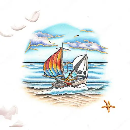 Beach scene with margaritas and skeleton  tattoo design idea