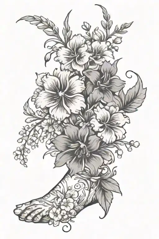 wrap around ankle/leg tattoo of birth flowers growing out of my ankle. incldue larkspur, carnation, and honey suckle tattoo design idea