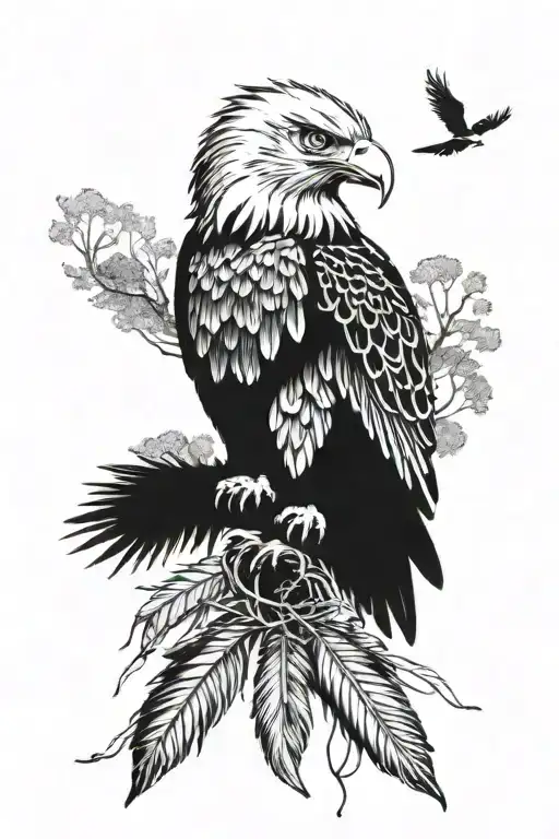 Eagle feathers stacked together in a band with a nature scene tattoo design idea