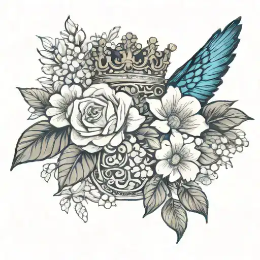 A regal princess adorned with a crown of delicate flowers and feathers, surrounded by a lush garden of blooming flora tattoo design idea