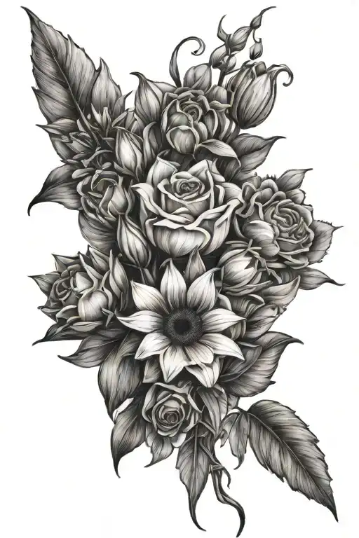  a bouquet of sunflower, rose, orchid, daisy, lily, and a tulip  tattoo design idea