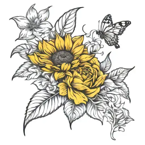Create a tattoo stencil with a bouquet of a sunflower, a rose, a orchid, a daisy, a lily, and a tulip tattoo design idea