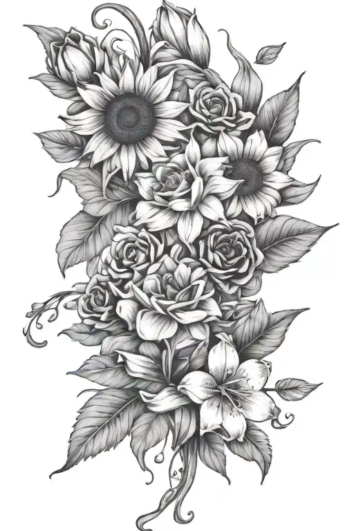  a bouquet of a sunflower, a rose, a orchid, a daisy, a lily, and a tulip  tattoo design idea