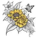 Create a tattoo stencil with a bouquet of a sunflower, a rose, a orchid, a daisy, a lily, and a tulip tattoo design idea