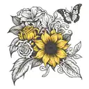 Create a tattoo stencil with a bouquet of a sunflower, a rose, a orchid, a daisy, a lily, and a tulip tattoo design idea