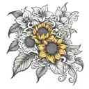 Create a tattoo stencil with a bouquet of a sunflower, a rose, a orchid, a daisy, a lily, and a tulip tattoo design idea