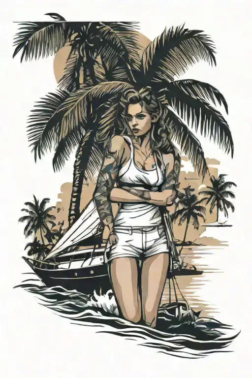 A beautiful athletic girl in a swimsuit, the sea on the background of a palm tree, a yacht with a sail tattoo design idea