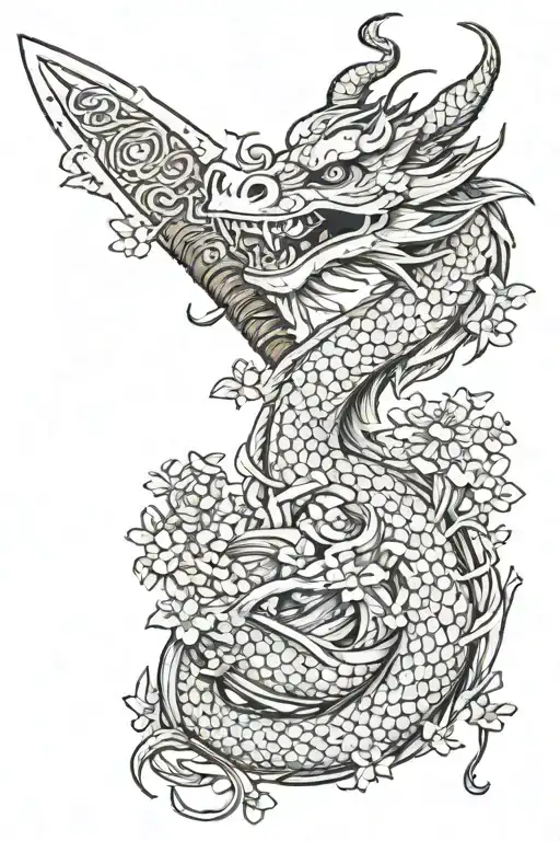 a japanse dragon with blossoms and petals falling wrapped around a sword. Very whimsical and romantic tattoo design idea
