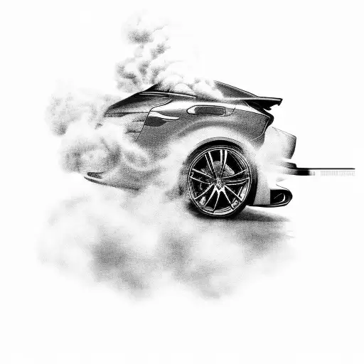 A sleek Japanese car with smoke trailing behind it tattoo design idea