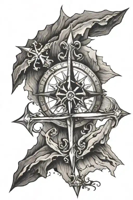 cross compass mountain  tattoo design idea