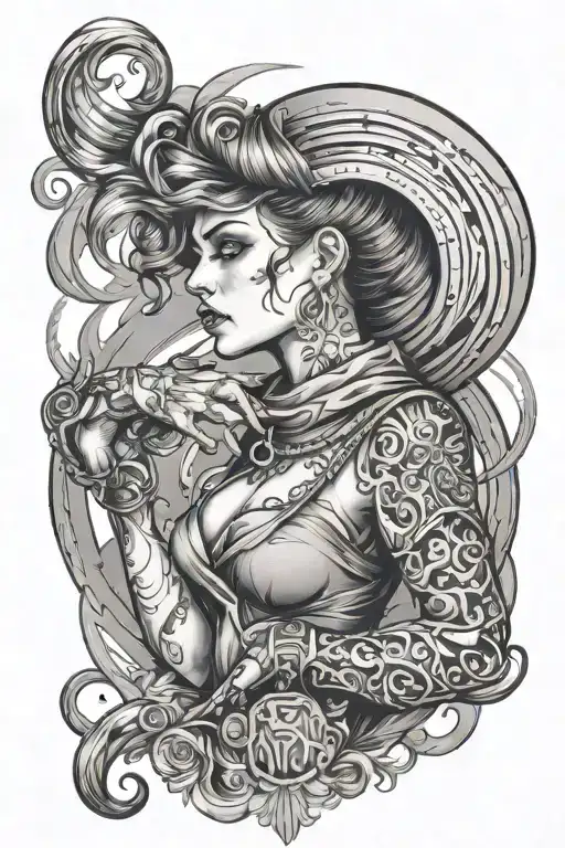 ganster girl with swag elevating ascending spiral with fire tattoo design idea