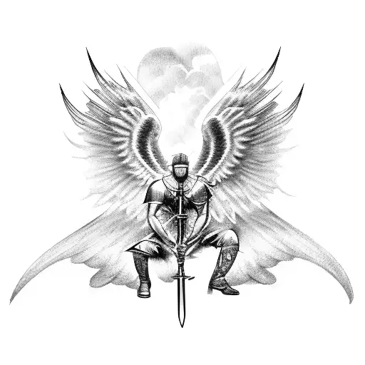 Archangel Micheal with big angel wings Holding His sword between his legs with dark clouds in the background tattoo design idea