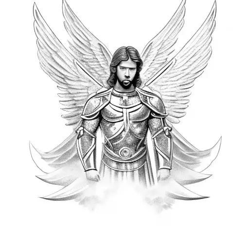 Archangel Micheal with big angel wings Holding His sword between his legs with clouds behind him tattoo design idea