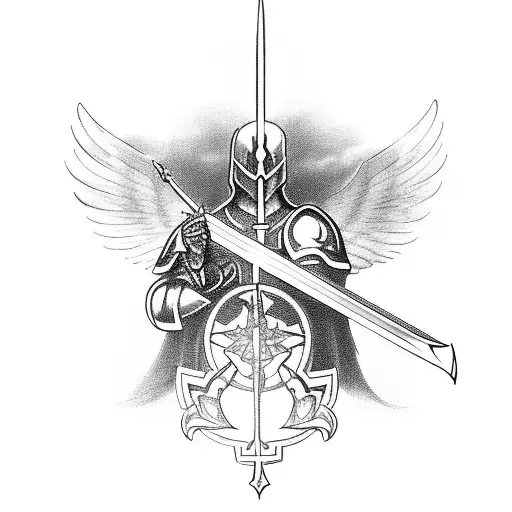 Archangel Micheal Holding His sword with clouds behind him tattoo design idea