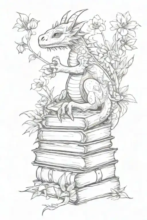 stacked books surrounded by wildflowers growing and a baby dragon intertwined tattoo design idea