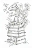 stacked books surrounded by wildflowers growing and a baby dragon intertwined tattoo design idea