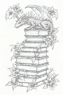 stacked books surrounded by wildflowers growing and a baby dragon intertwined tattoo design idea