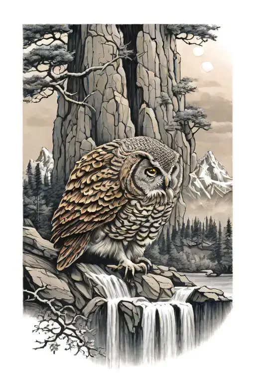 horn owl, waterfall, mountain scene tattoo design idea