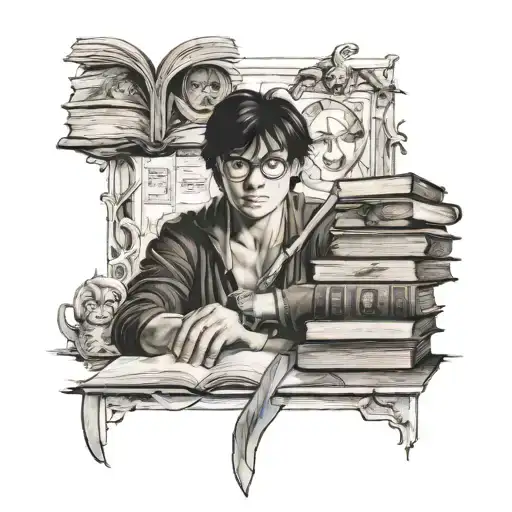 A realistic portrait of Conan from Detective Conan surrounded by educational symbols like books and pencils tattoo design idea