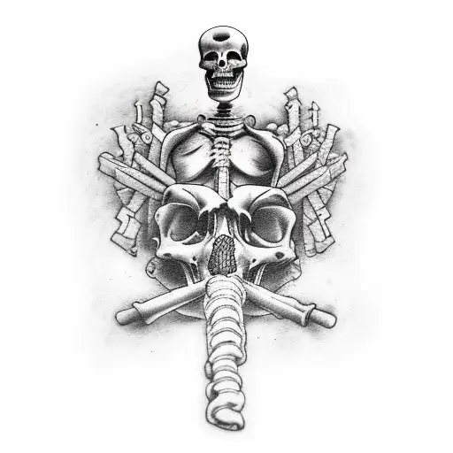 A dark humor-themed realism tattoo of a contractor riding a dirtbike through a graveyard, with skeletons working on construction projects in the background tattoo design idea