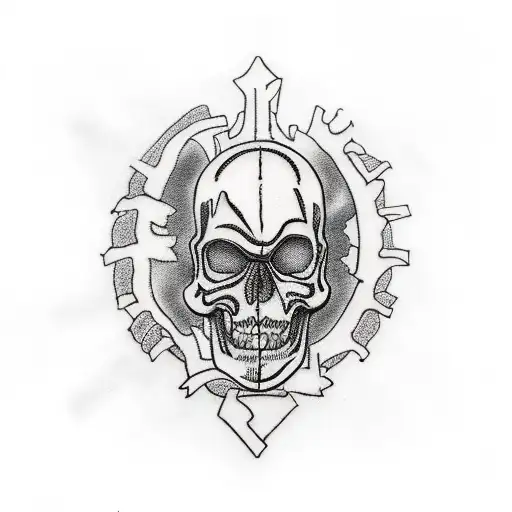 A dark humor-themed realism tattoo of a contractor riding a dirtbike through a graveyard, with skeletons working on construction projects in the background tattoo design idea