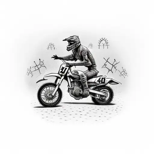 A dark humor-themed realism tattoo of a contractor riding a dirtbike through a graveyard, with skeletons working on construction projects in the background tattoo design idea