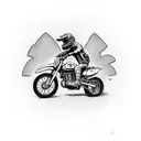 A dark humor-themed realism tattoo of a contractor riding a dirtbike through a graveyard, with skeletons working on construction projects in the background tattoo design idea