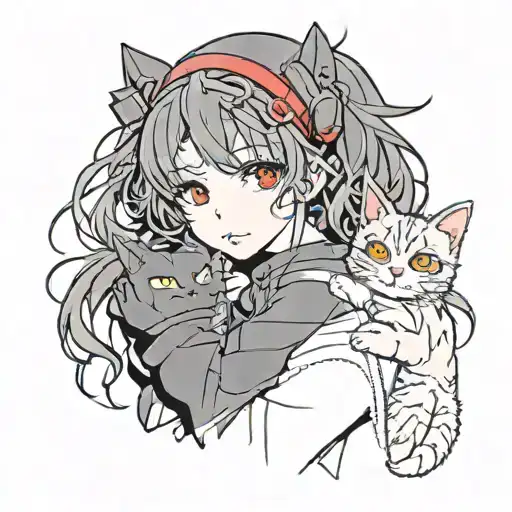 anime girl sketch drawing black eyes black hair in hands holding a cat in the background red eyes tattoo design idea