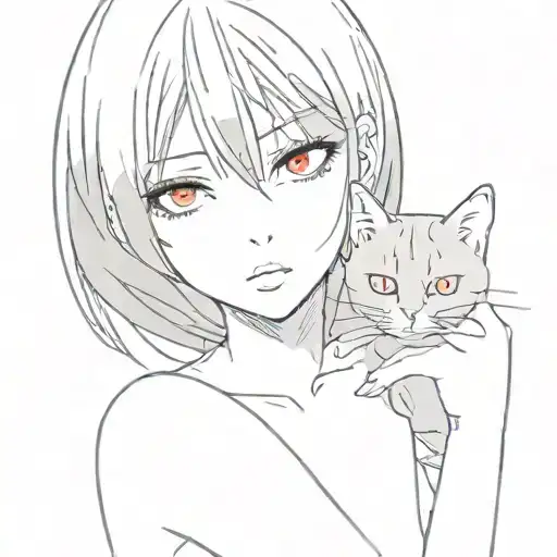 anime girl sketch drawing black eyes black hair in hands holding a cat in the background red eyes tattoo design idea