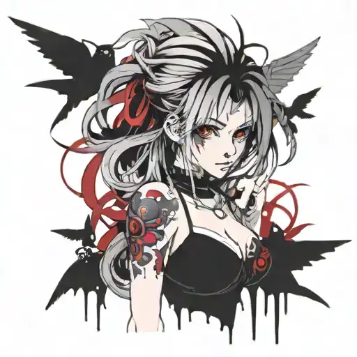 anime girl in the background lots of red eyes all over tattoo design idea