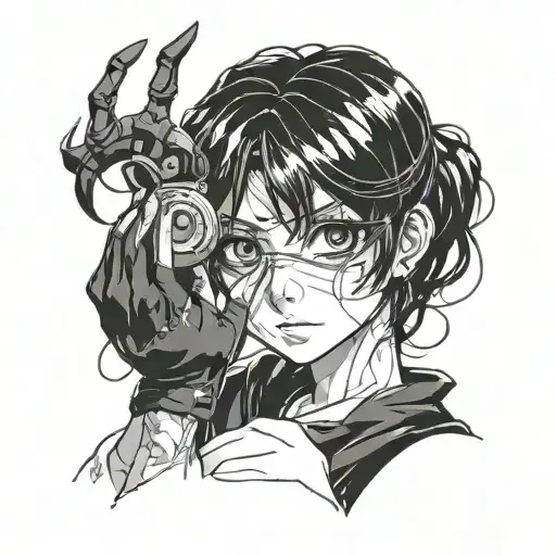 anime girl sketch drawing black eyes black hair in hands holding eye tattoo design idea