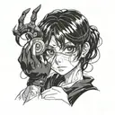 anime girl sketch drawing black eyes black hair in hands holding eye tattoo design idea