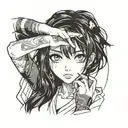 anime girl sketch drawing black eyes black hair in hands holding eye tattoo design idea