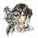 anime girl sketch drawing black eyes black hair in hands holding eye tattoo design idea