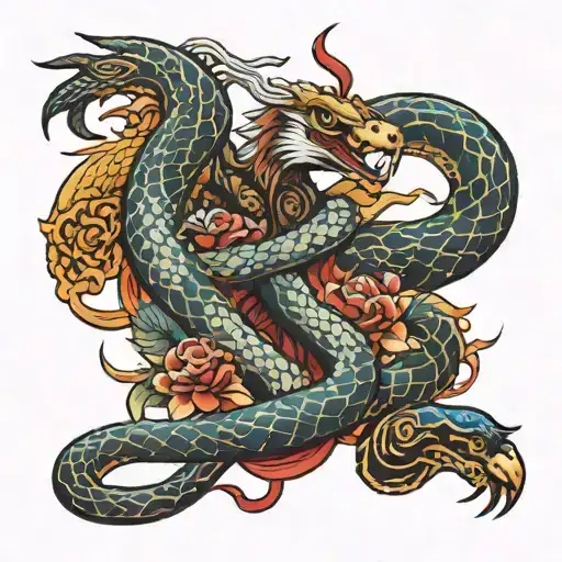 A snake pierced by a samurai sword and an eagle flies above them with its wings spread out tattoo design idea