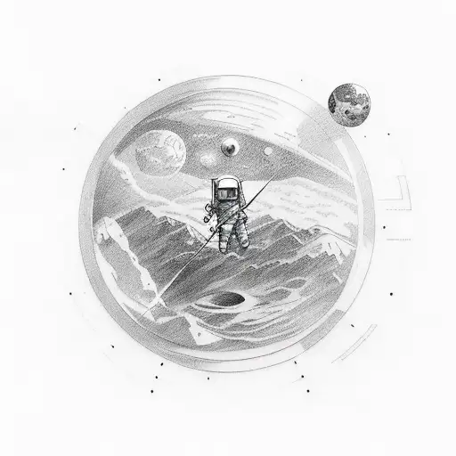 Illustrative tattoo that depicts space, an astronaut, Leonardo Davinci's drawing in a modern style tattoo design idea