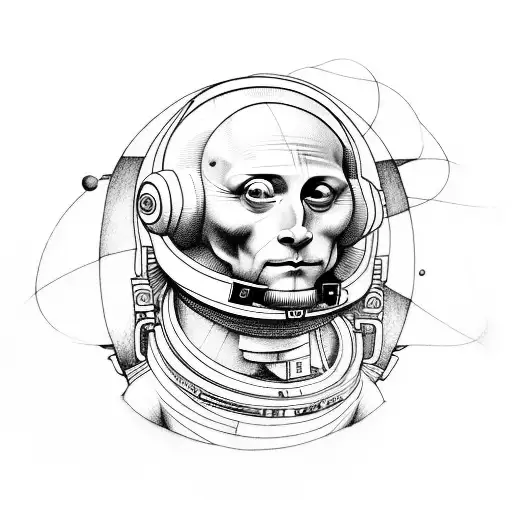 Illustrative tattoo that answer what if Leonardo Davinci was an astronaut in space (thin line only) tattoo design idea