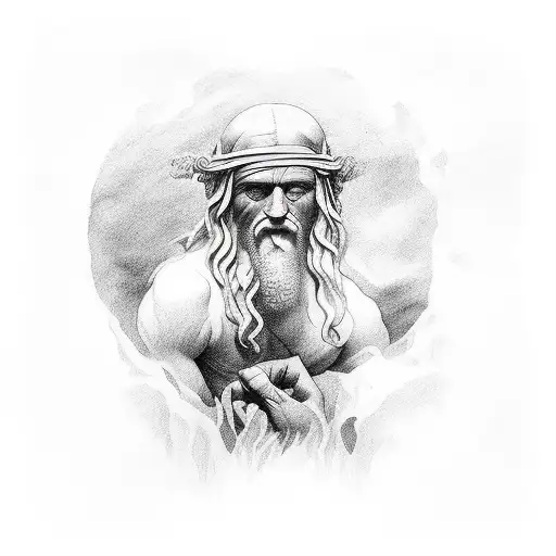 Illustrative black and white tattoo that depicts greek mythology figure, Leonardo Davinci's drawing in a modern style tattoo design idea