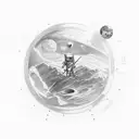 Illustrative tattoo that depicts space, an astronaut, Leonardo Davinci's drawing in a modern style tattoo design idea