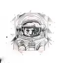 Illustrative tattoo that depicts space, an astronaut, Leonardo Davinci's drawing in a modern style tattoo design idea