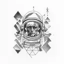 Illustrative tattoo that depicts space, an astronaut, Leonardo Davinci's drawing in a modern style tattoo design idea