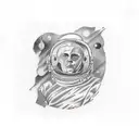 Illustrative tattoo that depicts space, an astronaut, Leonardo Davinci's drawing in a modern style tattoo design idea