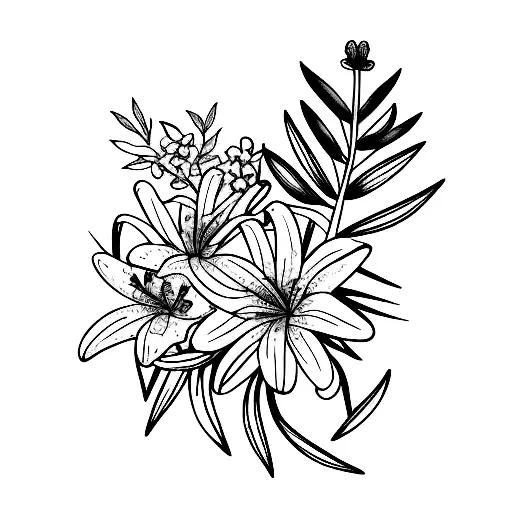 bouquet with Lily flower blooming out of rosemary and olive tree branch  tattoo design idea