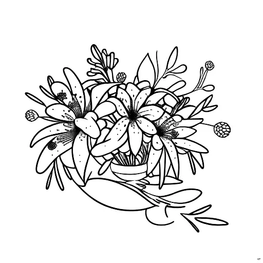 bouquet with Lily flower blooming out of rosemary and olive tree branch  tattoo design idea